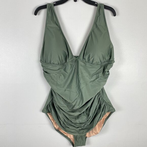 J Crew Ruched V Neck One Piece Swimsuit sz 20 / XL Olive Green NWT Modest - Picture 4 of 8